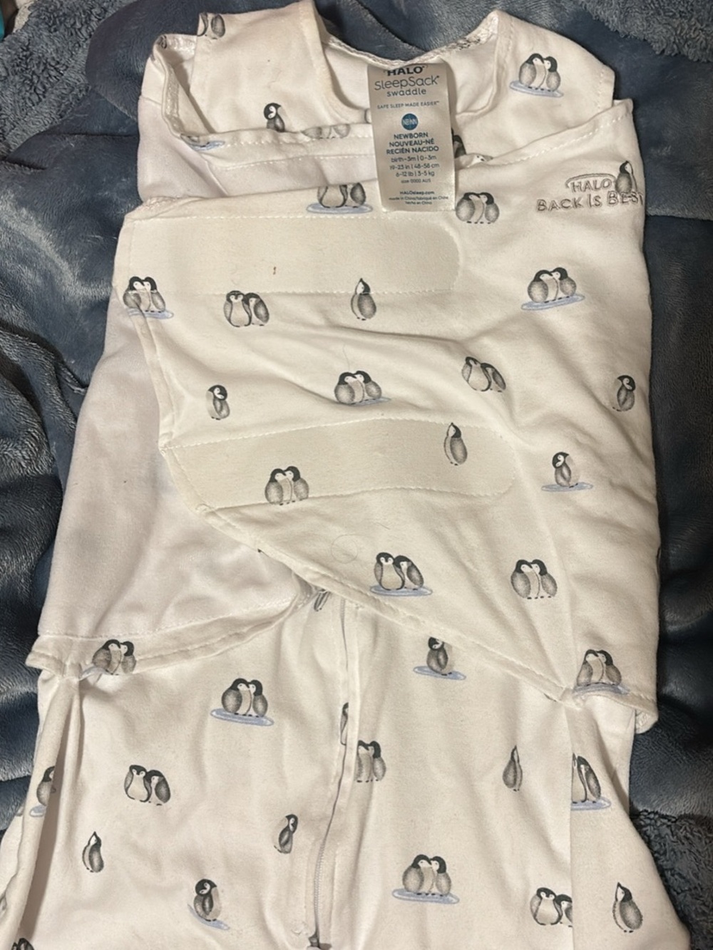 Halo Baby Sleepsack Swaddle in White with Gray Penguin Print